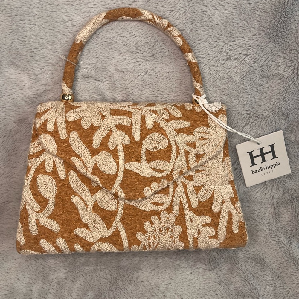 Haute Hippie Tan and Cream Cork Floral Purse